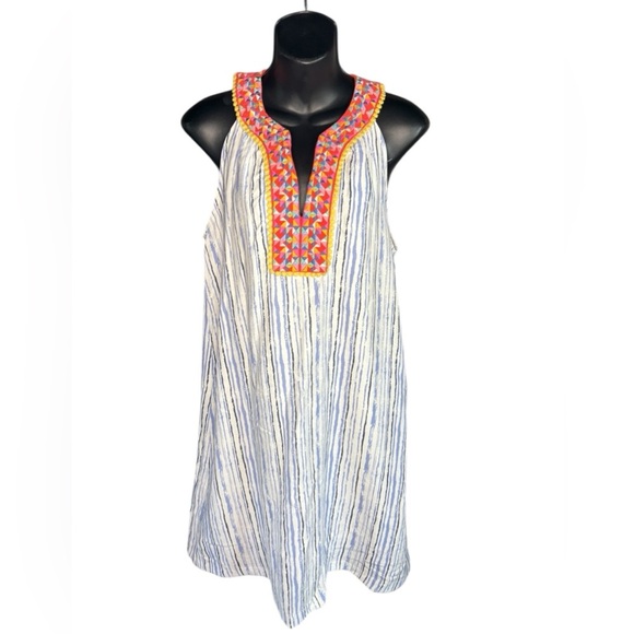 THML Amora Embroidered V neck Dress white blue strips Size S preloved like new - Picture 2 of 7